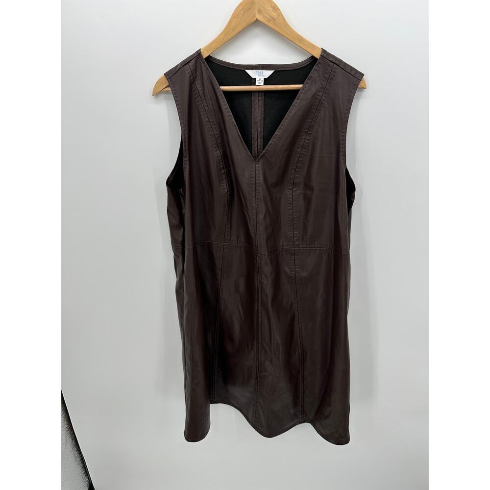 Time & Tru Brown Faux Leather Midi Shift Dress Womens XL Pinafore V-Neck Pockets